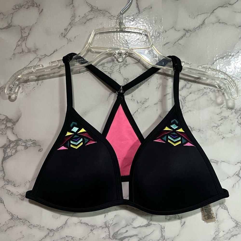 PINK Victoria's Secret Black Bikini Top with Pink and Multicolor Embroidery